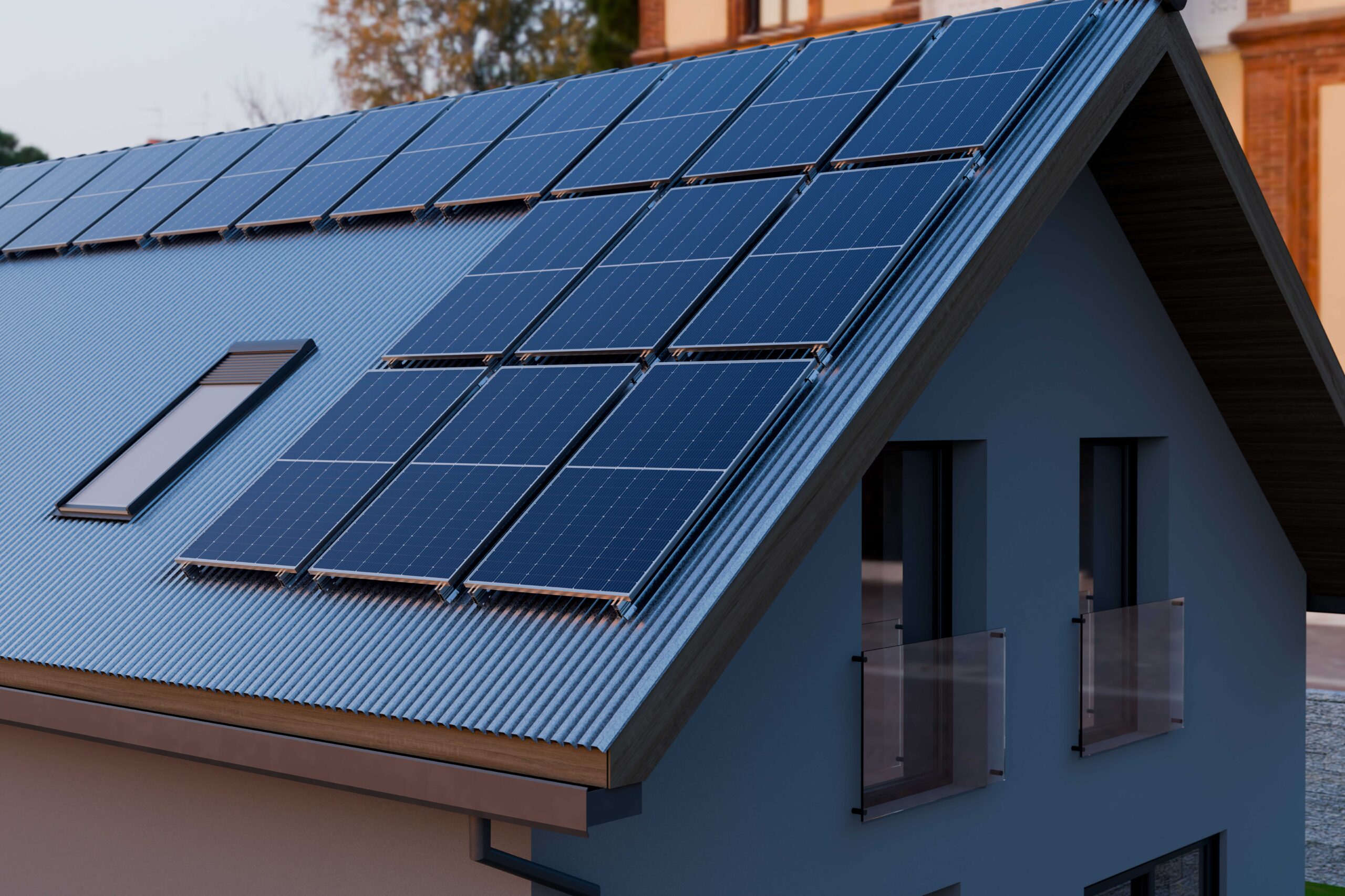 A roof top house with Lumax Energy solar mounting on the roof