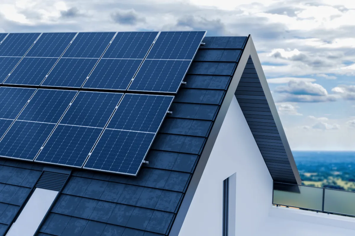 Solar panels mounted on a slate roof